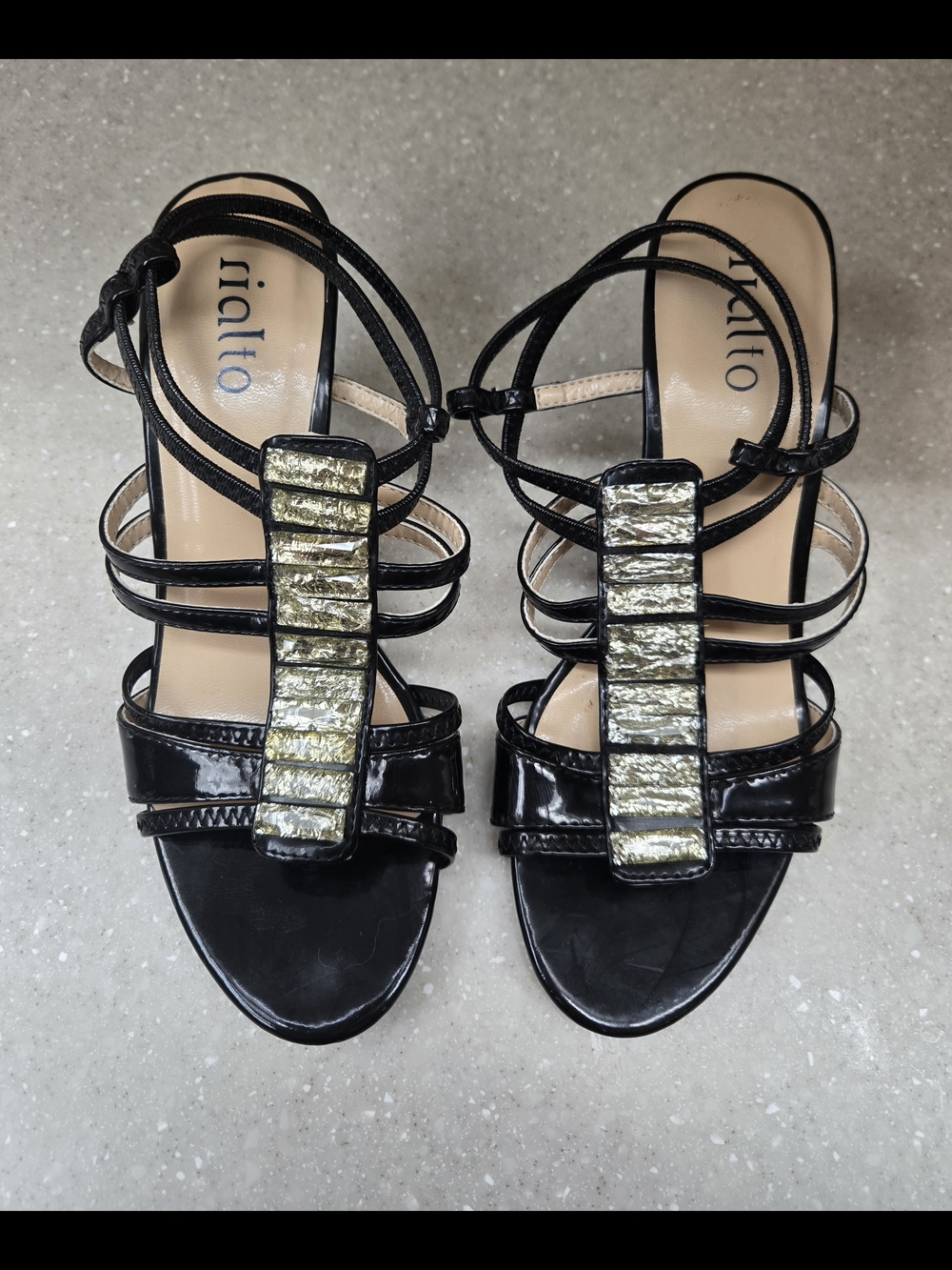 NEW Rialto Black Patent Strappy Heels with Gold Accent Panel, Size 6 1/2